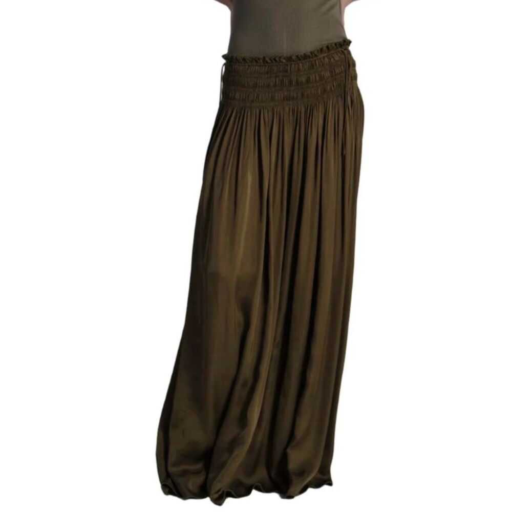 SAINT ART Ellie Satin Ruched Maxi Skirt Olive Small - Picture 2 of 7